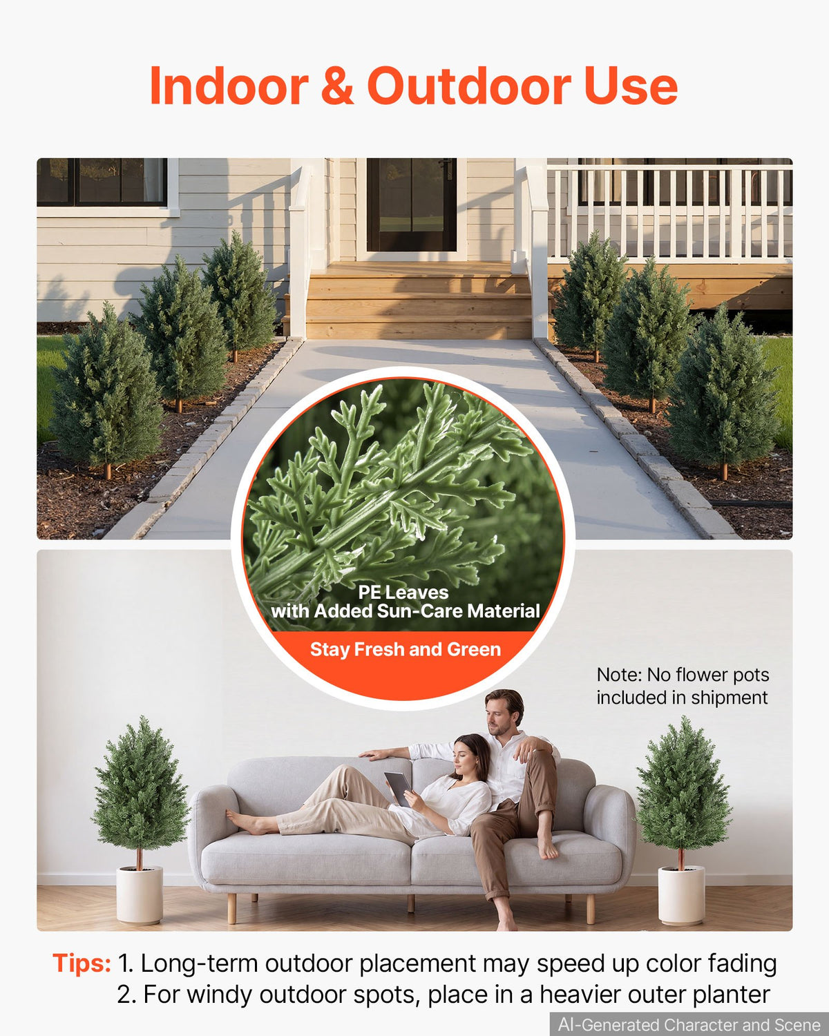Artificial Topiary Cedar Bush 914 mm Set of 2 Greenery Fake Shrubs, PE Faux Trees with Ground Spikes, Indoor & Outdoor Green Plant for Front Door, Entryway, Porch, Balcony, Patio, Garden