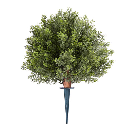 Artificial Topiary Cypress Trees with Ground Spike, 2 Set 406mm Faux Shrubs & Bushes Potted Plants, Fake Silk Tree Look Real for Decor Front Porch Outdoor Indoor Patio Garden Balcony Backyard
