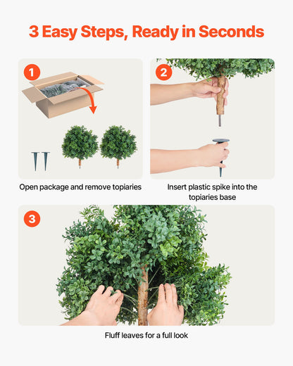 Artificial Topiary Boxwood Trees with Ground Spike, 2 Set 559mm Faux Shrubs & Bushes Potted Plants, Fake Silk Tree Look Real for Decor Front Porch Outdoor Indoor Patio Garden Balcony Backyard