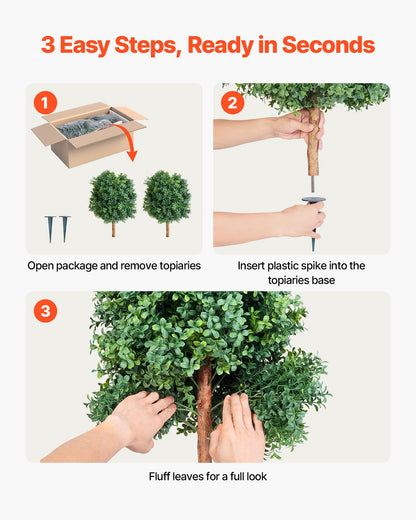 Artificial Topiary Boxwood Trees with Ground Spike, 2 Set 686mm Faux Shrubs & Bushes Potted Plants, Fake Silk Tree Look Real for Decor Front Porch Outdoor Indoor Patio Garden Balcony Backyard
