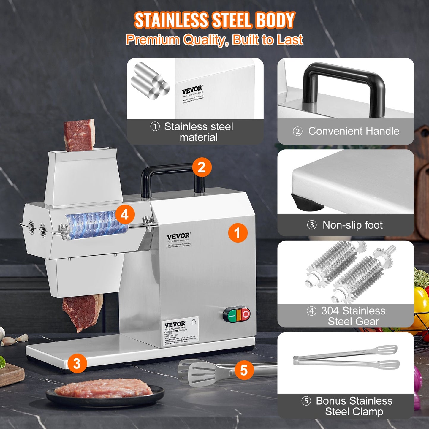 VEVOR Commercial Meat Tenderizer, Heavy Duty Stainless Steel Kitchen Tool with Handle,