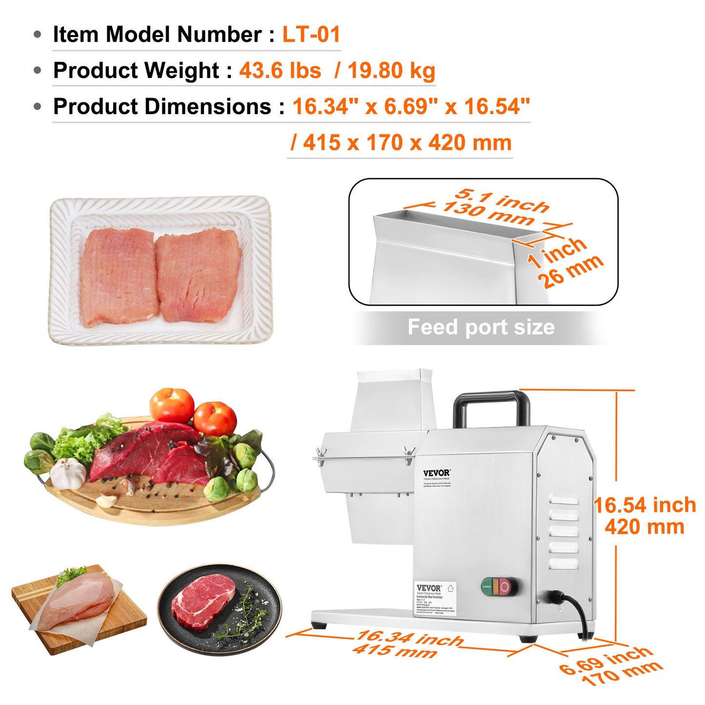 VEVOR Commercial Meat Tenderizer, Heavy Duty Stainless Steel Kitchen Tool with Handle,