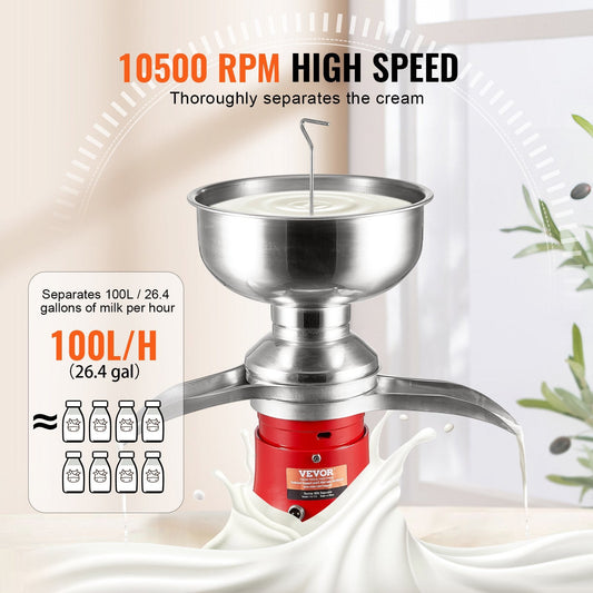 Electric Milk & Cream Separator, Stainless Steel, 100L/H, 5L Bowl, 30W, 10,500 RPM
