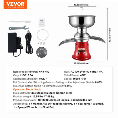 Electric Milk & Cream Separator, Stainless Steel, 100L/H, 5L Bowl, 30W, 10,500 RPM