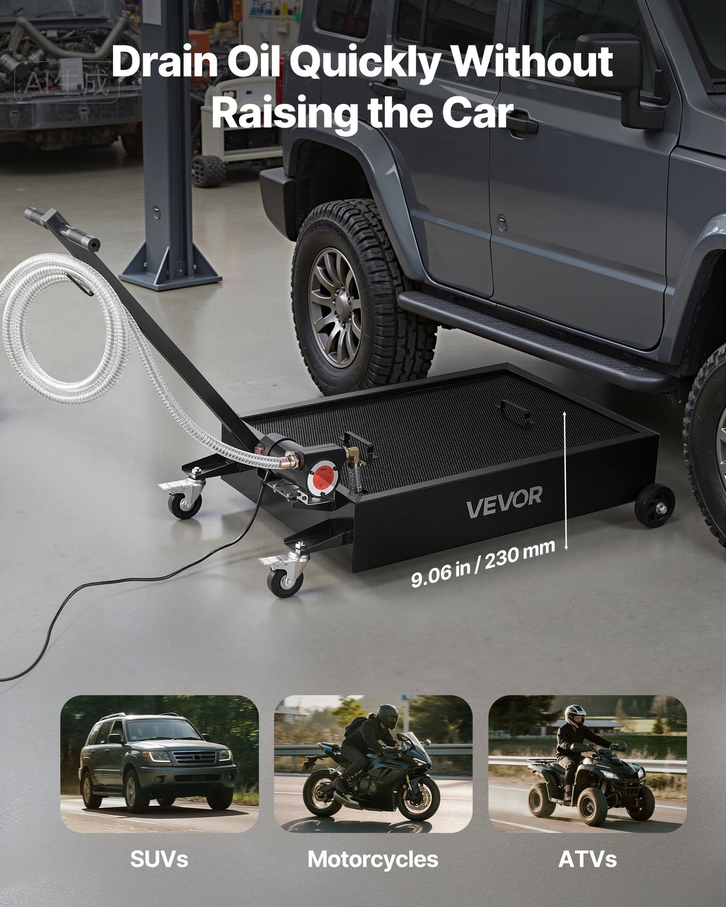 Low Profile Oil Drain Pan, 56.8 L Capacity, Rolling Oil Drain Pan with Electric Pump & 2.2 m Hose, Leak-proof & Corrosion-resistant, Fit for Cars, SUVs, Trucks, Motorcycles, ATVs, Metal