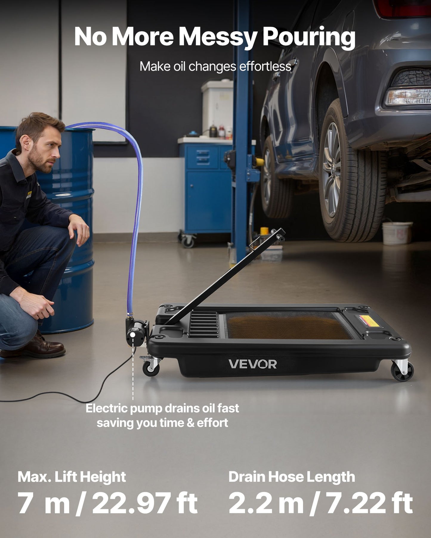 Low Profile Oil Drain Pan, 64 L Capacity, Rolling Oil Drain Pan with Electric Pump & 2.2 m Hose, Leak-proof & Corrosion-resistant, Fit for Cars, SUVs, Trucks, Motorcycles, ATVs, Metal