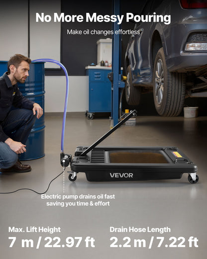 Low Profile Oil Drain Pan, 64 L Capacity, Rolling Oil Drain Pan with Electric Pump & 2.2 m Hose, Leak-proof & Corrosion-resistant, Fit for Cars, SUVs, Trucks, Motorcycles, ATVs, Metal