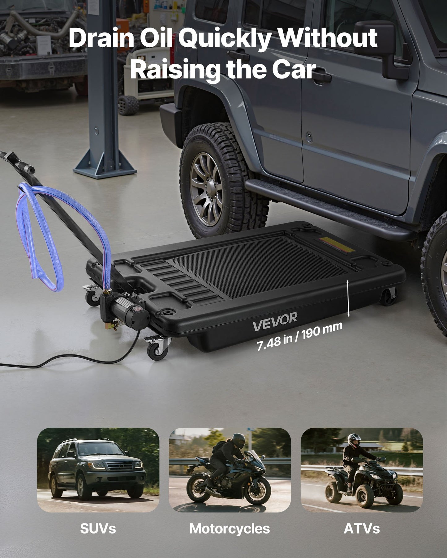 Low Profile Oil Drain Pan, 64 L Capacity, Rolling Oil Drain Pan with Electric Pump & 2.2 m Hose, Leak-proof & Corrosion-resistant, Fit for Cars, SUVs, Trucks, Motorcycles, ATVs, Metal