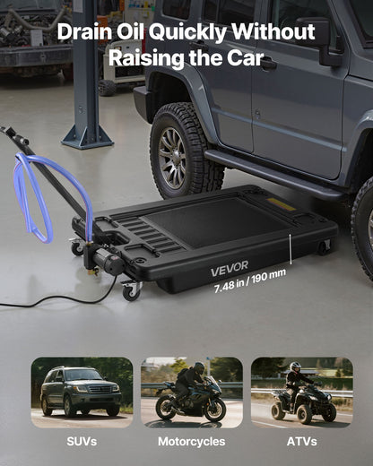 Low Profile Oil Drain Pan, 64 L Capacity, Rolling Oil Drain Pan with Electric Pump & 2.2 m Hose, Leak-proof & Corrosion-resistant, Fit for Cars, SUVs, Trucks, Motorcycles, ATVs, Metal