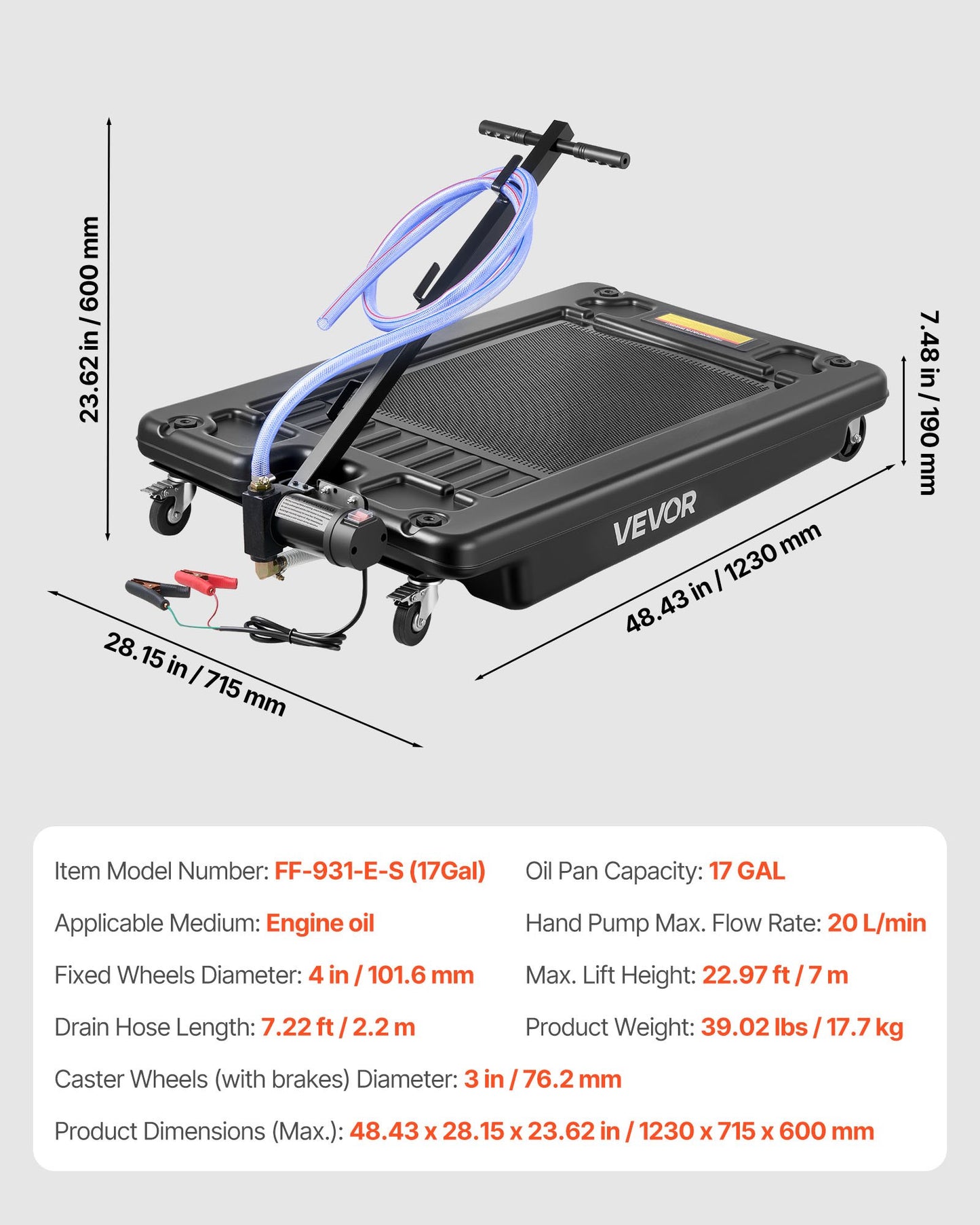 Low Profile Oil Drain Pan, 64 L Capacity, Rolling Oil Drain Pan with Electric Pump & 2.2 m Hose, Leak-proof & Corrosion-resistant, Fit for Cars, SUVs, Trucks, Motorcycles, ATVs, Metal