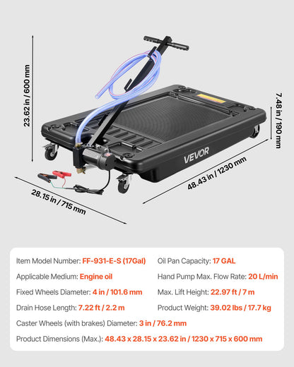 Low Profile Oil Drain Pan, 64 L Capacity, Rolling Oil Drain Pan with Electric Pump & 2.2 m Hose, Leak-proof & Corrosion-resistant, Fit for Cars, SUVs, Trucks, Motorcycles, ATVs, Metal