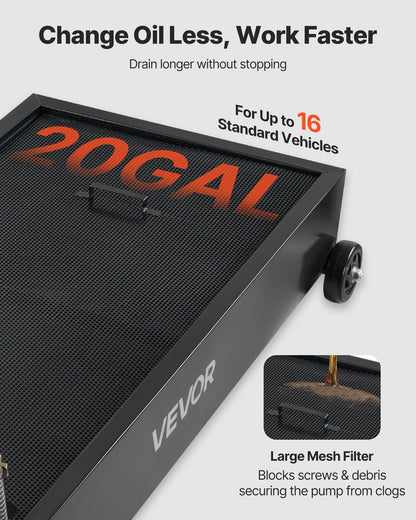 Low Profile Oil Drain Pan, 75.7 L Capacity, Rolling Oil Drain Pan with Electric Pump & 2.2 m Hose, Leak-proof & Corrosion-resistant, Fit for Cars, SUVs, Trucks, Motorcycles, ATVs, Metal