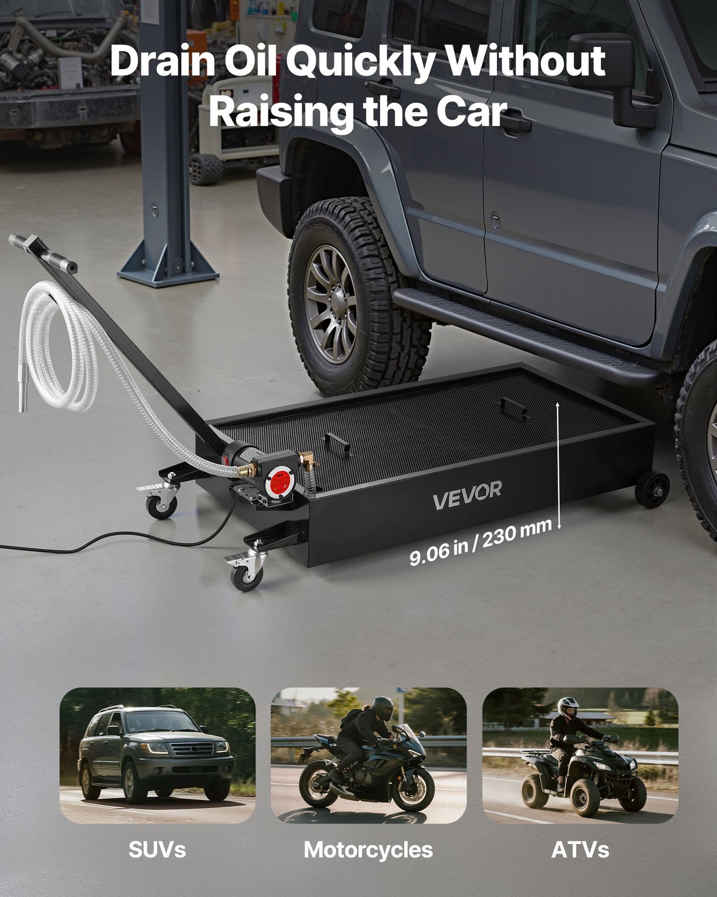 Low Profile Oil Drain Pan, 75.7 L Capacity, Rolling Oil Drain Pan with Electric Pump & 2.2 m Hose, Leak-proof & Corrosion-resistant, Fit for Cars, SUVs, Trucks, Motorcycles, ATVs, Metal