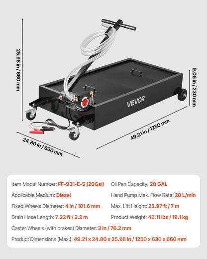 Low Profile Oil Drain Pan, 75.7 L Capacity, Rolling Oil Drain Pan with Electric Pump & 2.2 m Hose, Leak-proof & Corrosion-resistant, Fit for Cars, SUVs, Trucks, Motorcycles, ATVs, Metal