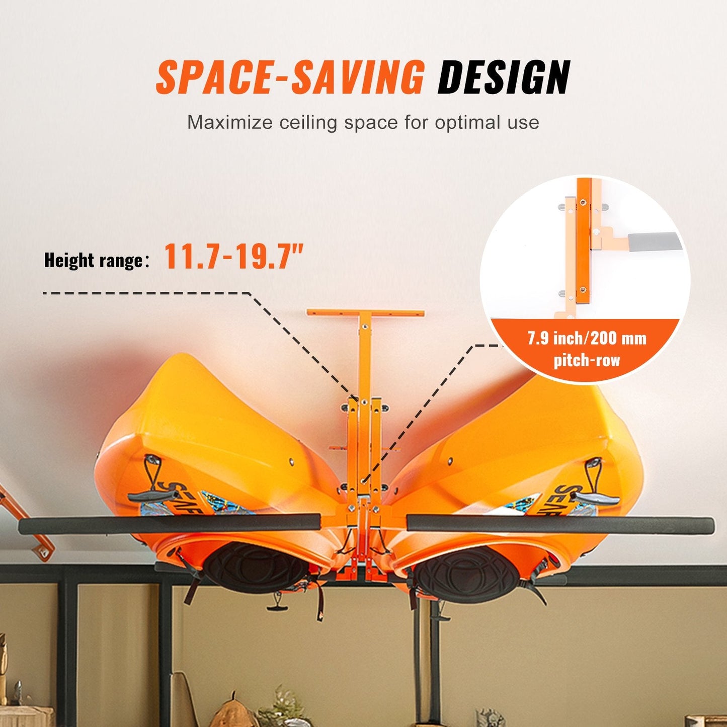 Ceiling Mounted Kayak & Canoe Storage Rack for 2, Adjustable & Padded, 113.5 kg