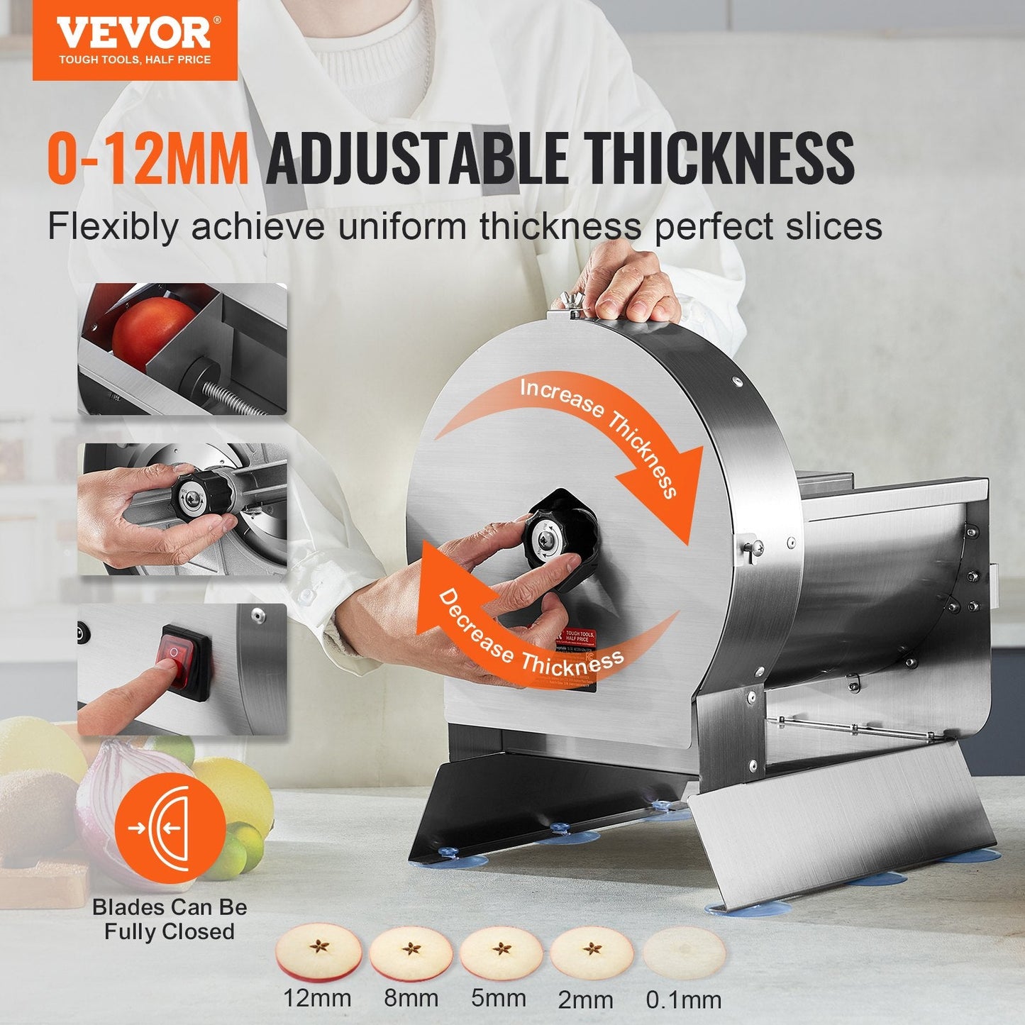 Electric Vegetable Slicer, Adjustable 0-12mm, Stainless Steel Food Cutter