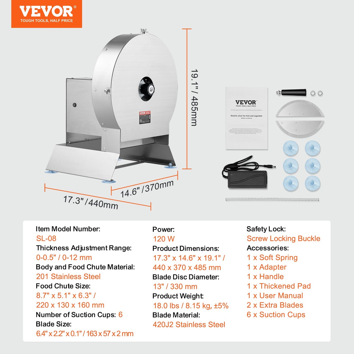 VEVOR Electric Vegetable Slicer, 0-0.5"/0-12mm Thickness Adjustable Commercial Slicer