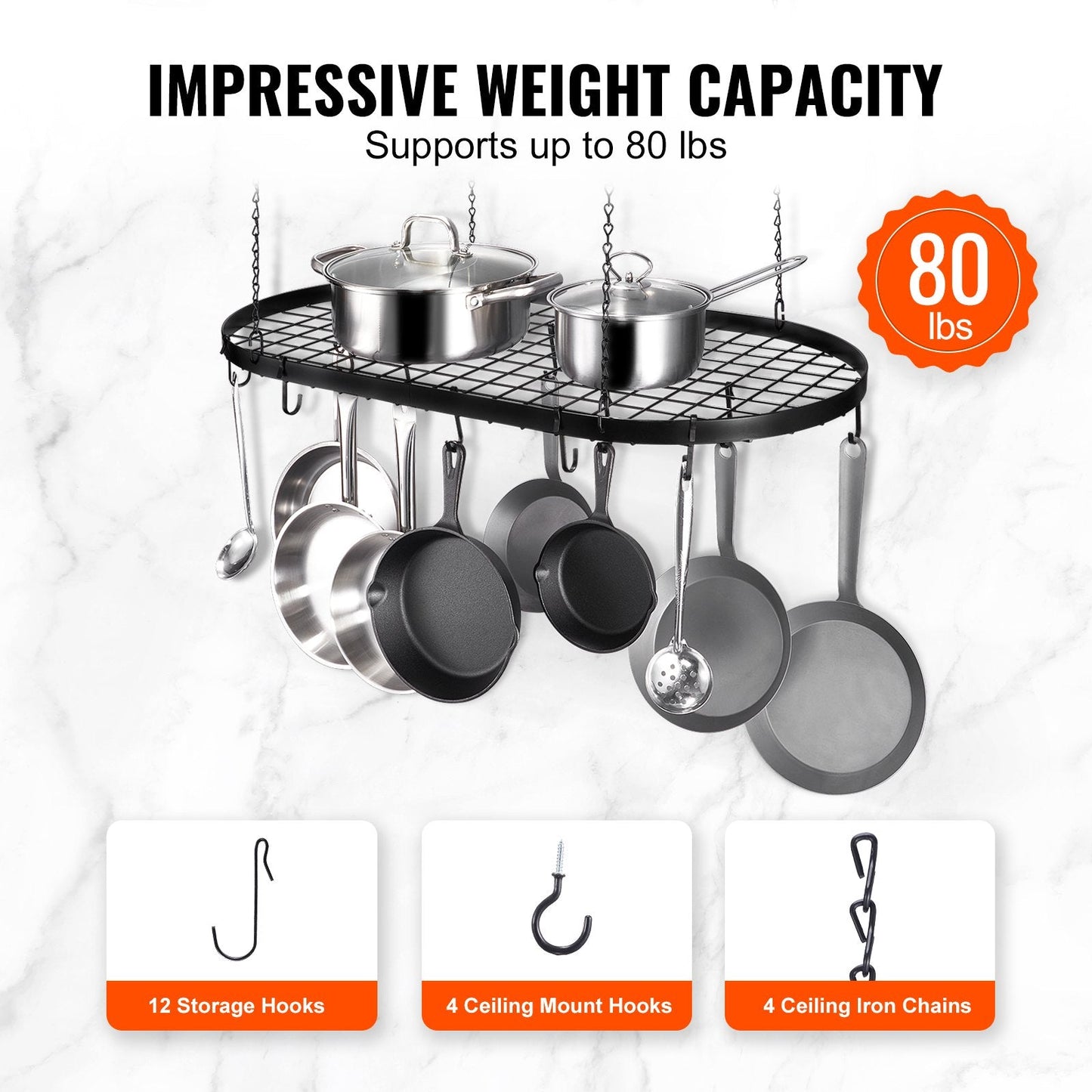 Ceiling Mounted Pot Rack with 12 Hooks, Carbon Steel, 36 kg Capacity, Easy Install