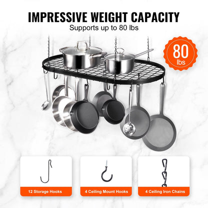 Ceiling Mounted Pot Rack with 12 Hooks, Carbon Steel, 36 kg Capacity, Easy Install