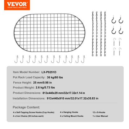 VEVOR Hanging Pot Rack Ceiling Mount 32 inch Ceiling Pot Rack with 12 S Hooks