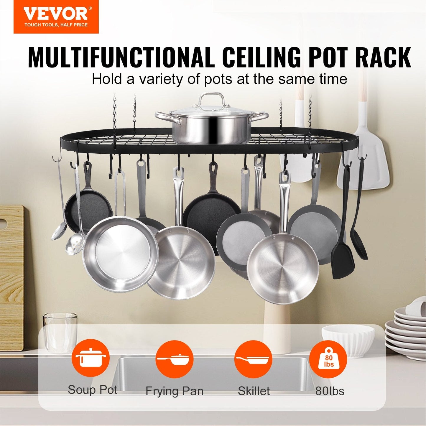 Ceiling Mounted Pot Rack with 20 Hooks, 36 kg Load, Carbon Steel, Easy Install