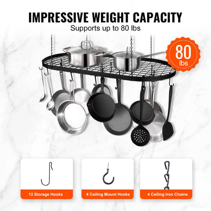 Ceiling Mounted Pot Rack with 20 Hooks, 36 kg Load, Carbon Steel, Easy Install