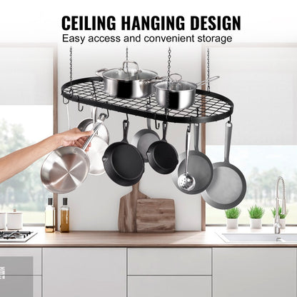 Ceiling Mounted Pot Rack with 20 Hooks, 36 kg Load, Carbon Steel, Easy Install