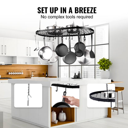 Ceiling Mounted Pot Rack with 20 Hooks, 36 kg Load, Carbon Steel, Easy Install
