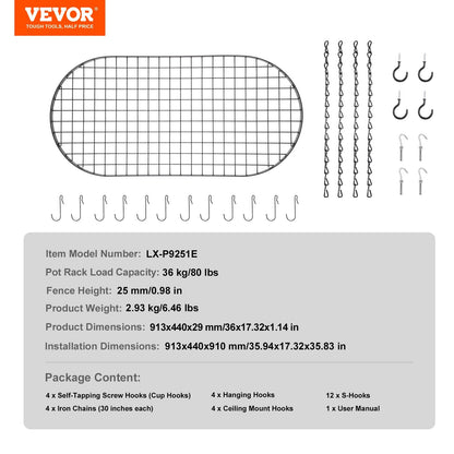 Ceiling Mounted Pot Rack with 20 Hooks, 36 kg Load, Carbon Steel, Easy Install