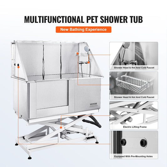 Professional 1.27m Stainless Steel Dog Grooming Tub with Electric Height Adjustment