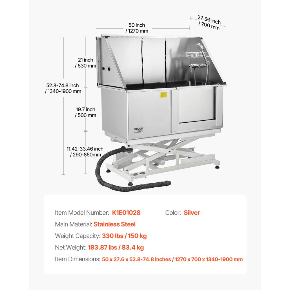 VEVOR 127 cm Electric Dog Grooming Bath Tub Stainless Steel w Water Filter