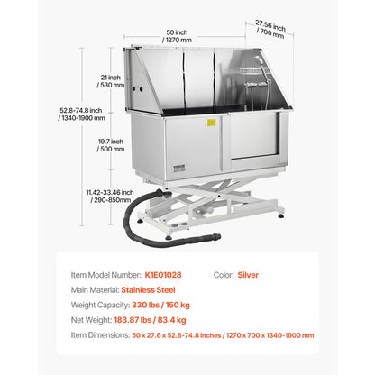 VEVOR 127 cm Electric Dog Grooming Bath Tub Stainless Steel w Water Filter