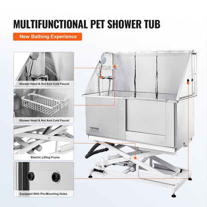 Professional 1.27M Dog Grooming Tub with Electric Height Adjustment, Stainless Steel
