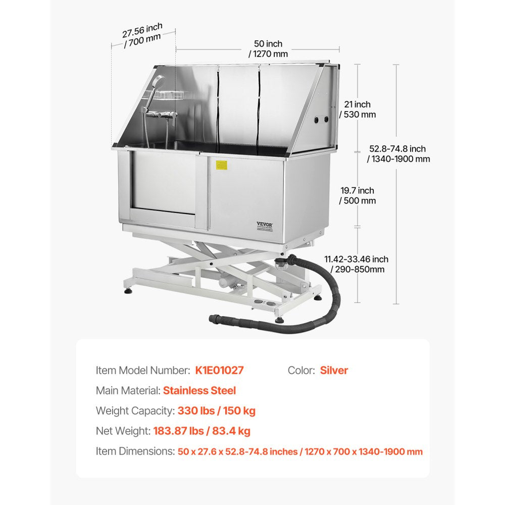 VEVOR 127 cm Electric Dog Grooming Bath Tub Stainless Steel w Water Filter Left