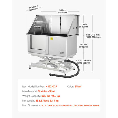 VEVOR 127 cm Electric Dog Grooming Bath Tub Stainless Steel w Water Filter Left
