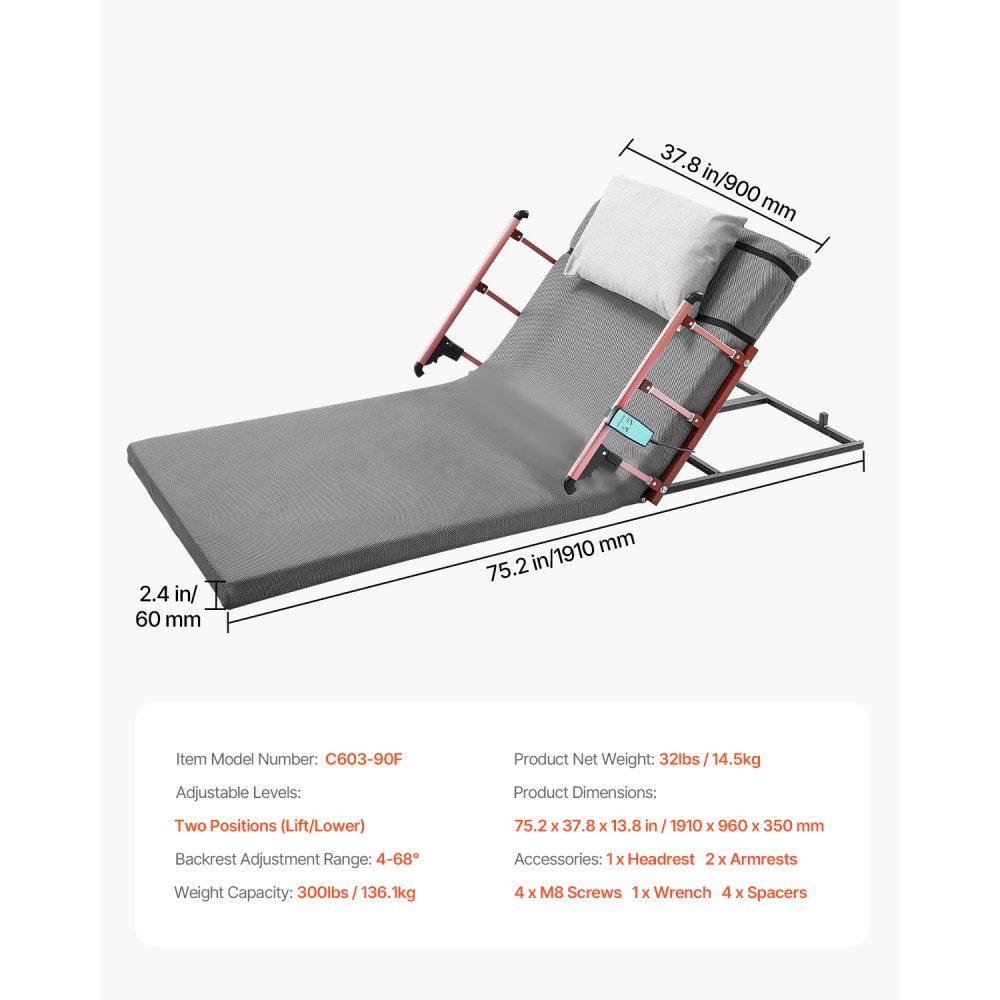 VEVOR Electric Lifting Backrest 136 kg 4-68° Adjustable with Folable Guardrail, 1910 x 960 mm
