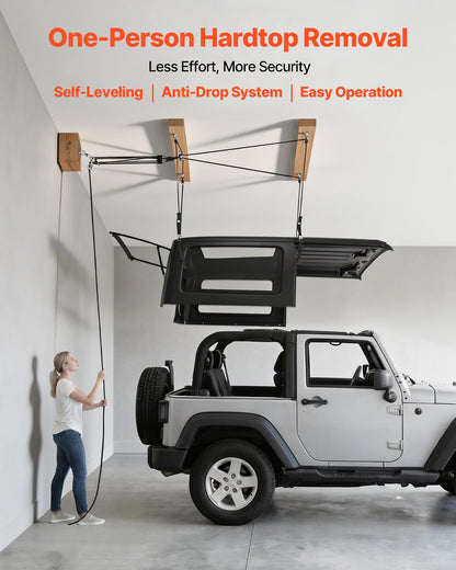 Hard Top Remover Lift, 99.79 kg, Jeep Hardtop Removal Storage Roof Hoist with Anti-Drop System, Easy One-Person Operation, Support 8-16 in Ceiling, for 2-Door & 4-Door Jeep Wrangler JK JL & Ford