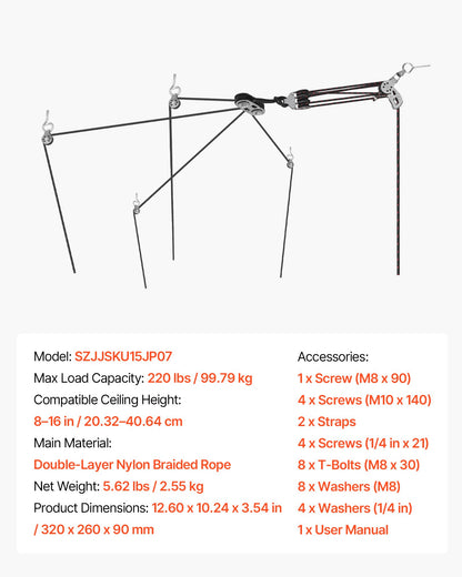 Hard Top Remover Lift, 99.79 kg, Jeep Hardtop Removal Storage Roof Hoist with Anti-Drop System, Easy One-Person Operation, Support 8-16 in Ceiling, for 2-Door & 4-Door Jeep Wrangler JK JL & Ford