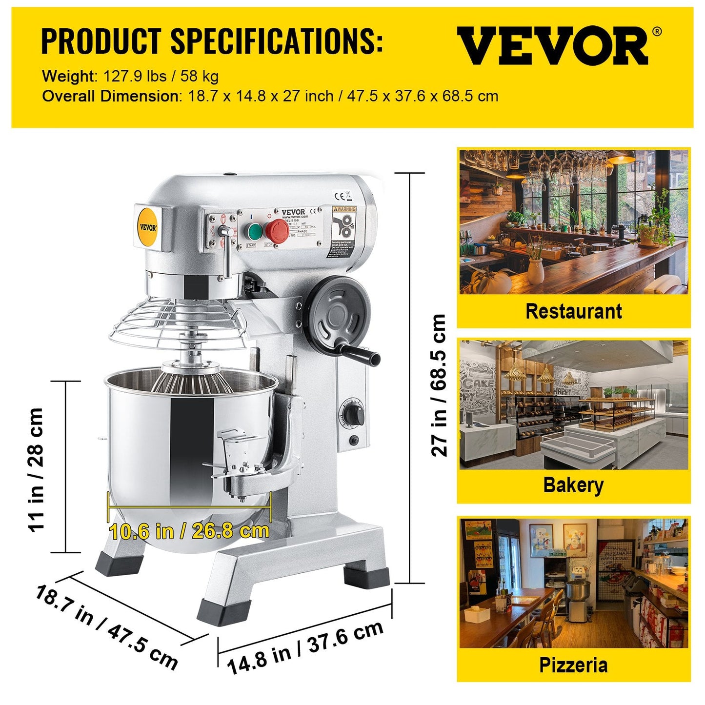 Commercial 16.5L Electric Stand Mixer with 3 Speeds and 500W Power, 58 kg