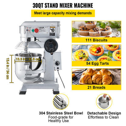 VEVOR Commercial Electric Food Mixer Stand Mixer 33L Dough Mixer 3 Speeds 1100W