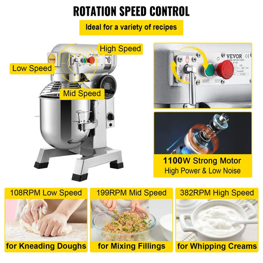 Commercial 33L Electric Stand Mixer, 3-Speed, 1100W, with 3 Stirrers & Timer
