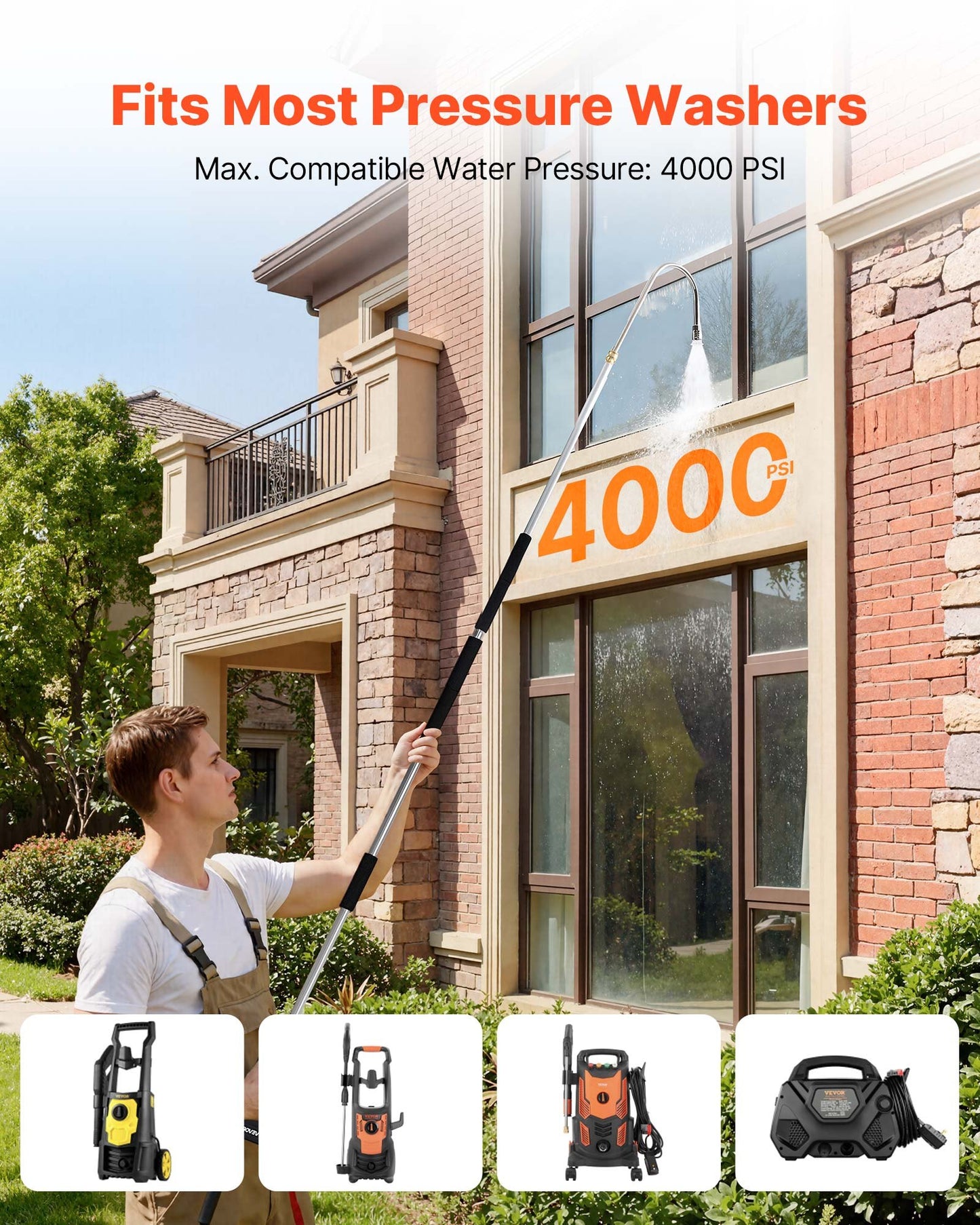 2.74 m Pressure Washer Telescoping Wand, 3-Section with Power Washer Extension Wands, 7 Nozzles, Hose Adapter, Support Belt, Storage Bag, 4000 PSI Telescopic Gutter Cleaner for High Cleaning