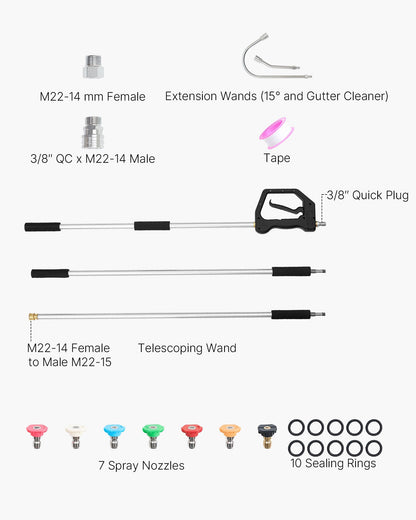 2.74 m Pressure Washer Telescoping Wand, 3-Section with Power Washer Extension Wands, 7 Nozzles, Hose Adapter, Support Belt, Storage Bag, 4000 PSI Telescopic Gutter Cleaner for High Cleaning
