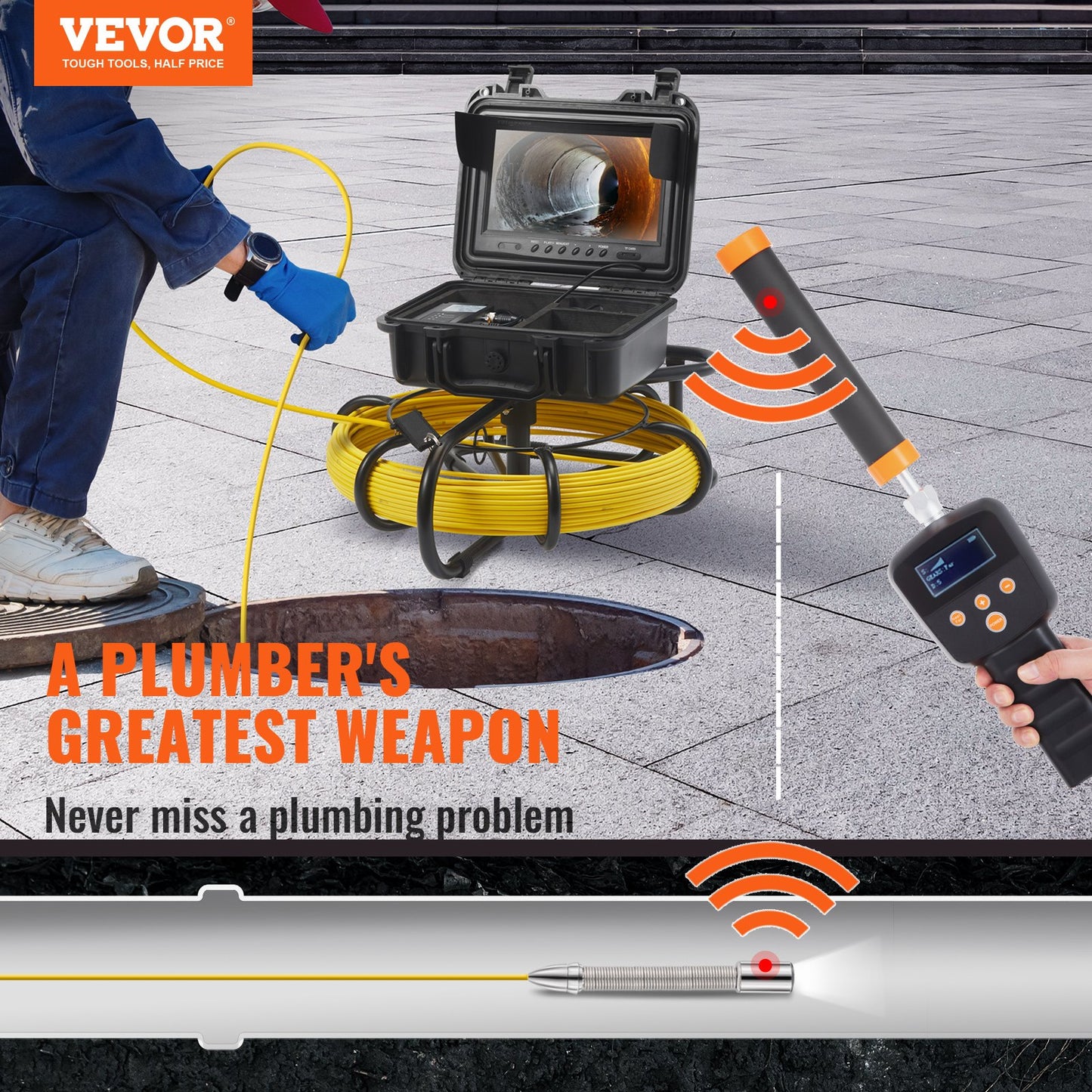 VEVOR Sewer Camera with 512Hz Locator, 50 m, 9" Pipeline Inspection Camera with