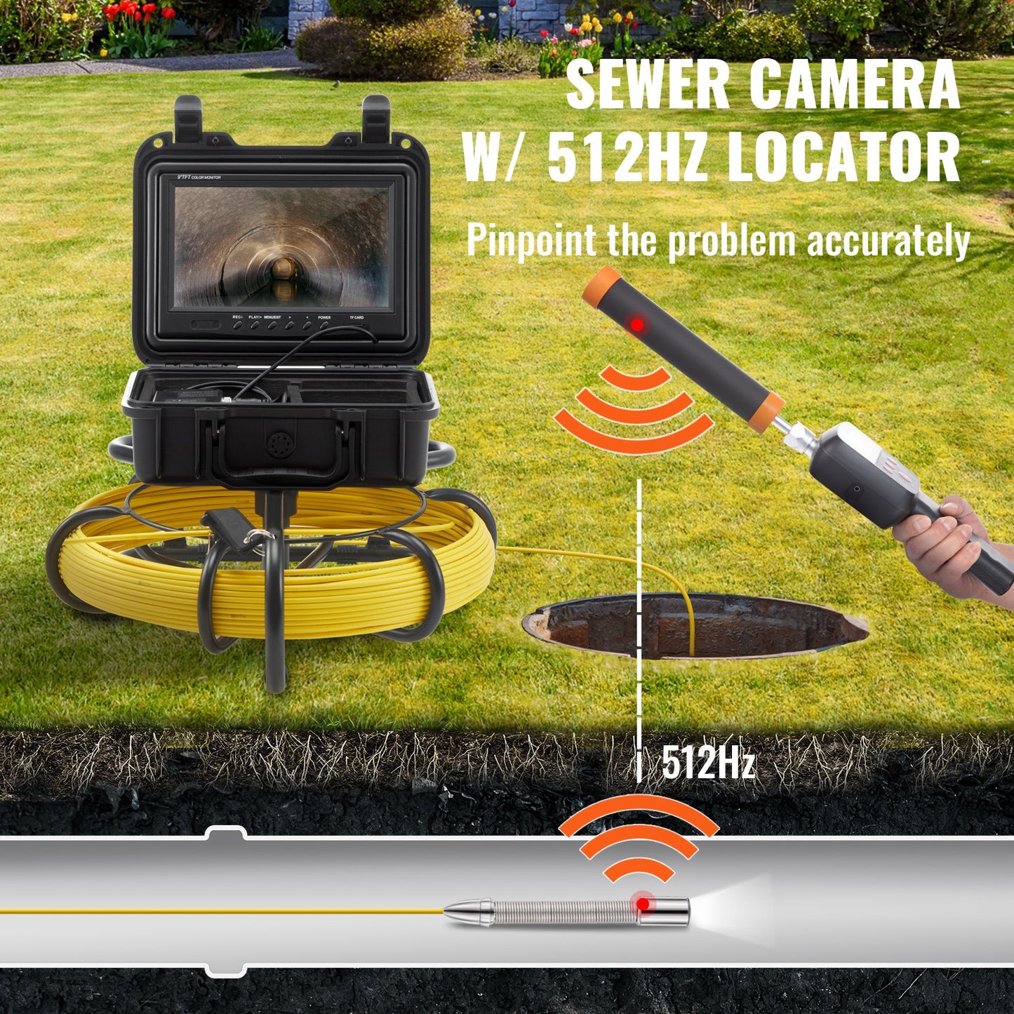 VEVOR Sewer Camera with 512Hz Locator, 50 m, 9" Pipeline Inspection Camera with