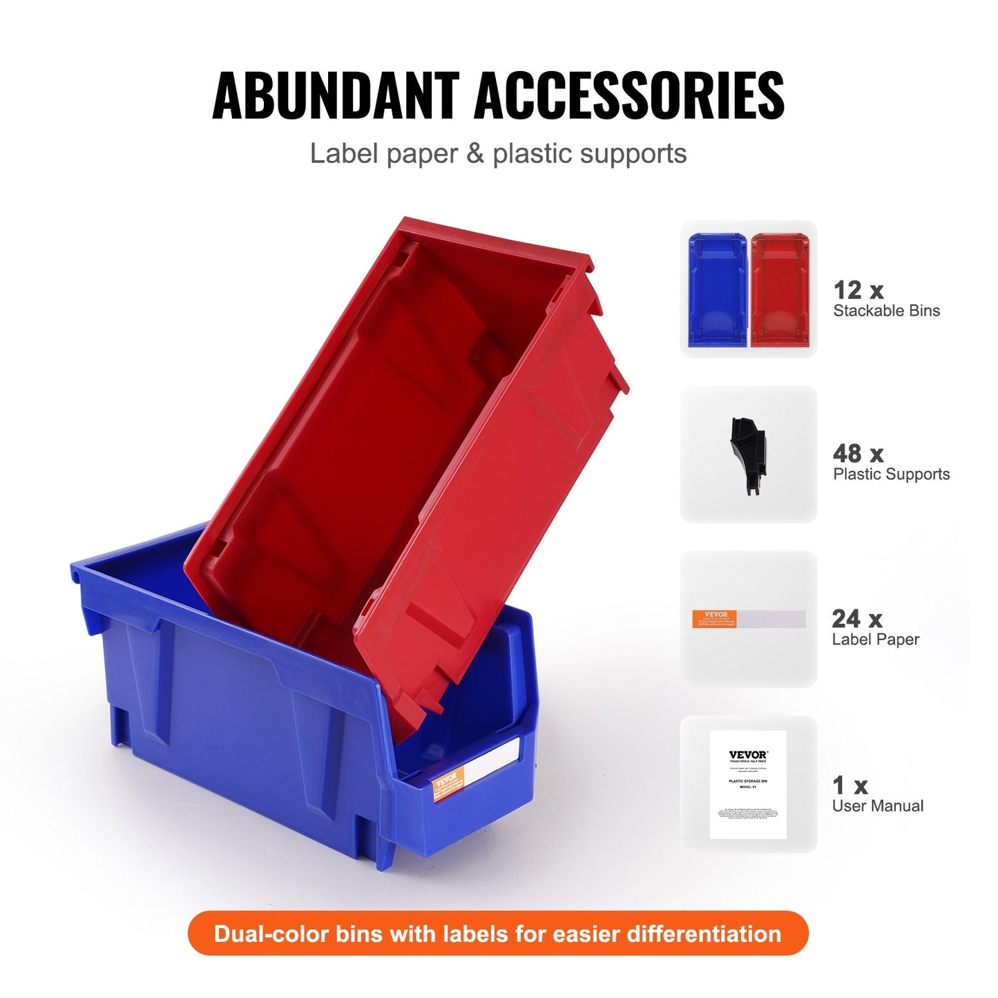 Stackable Storage Bins, 276 x 139 x 128 mm, 12-Pack, Blue/Red, Heavy Duty Organizer