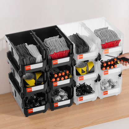 Plastic Stackable Storage Bins, 37.7 x 21.5 x 18 cm (12 Pack), Plastic Containers for Organizing & Storage Bins for Garage, Small Parts, Office Supplies, Other Accessories, Black & Transparent