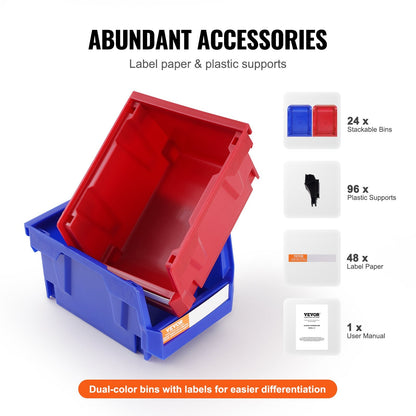 Stackable Plastic Storage Bins, 24-Pack, 1.8 kg, Blue/Red, 137 x 105 x 78 mm