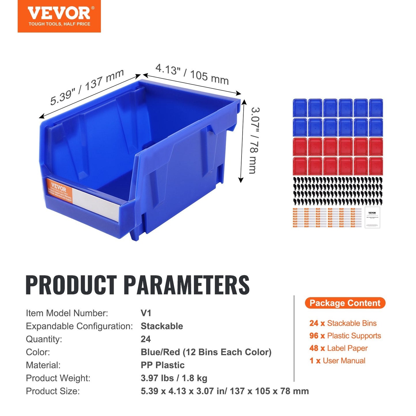Stackable Plastic Storage Bins, 24-Pack, 1.8 kg, Blue/Red, 137 x 105 x 78 mm