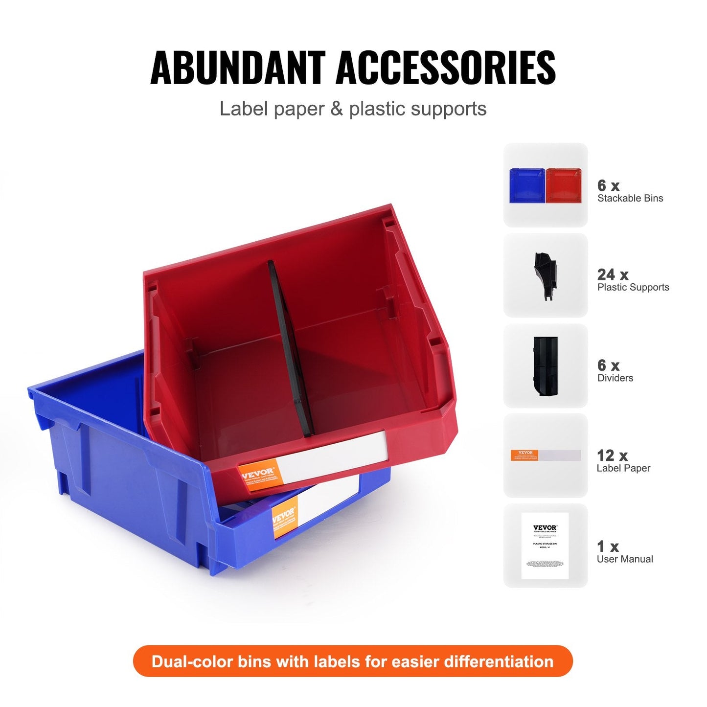 Stackable Plastic Storage Bins, 6-Pack, 276 x 279 x 128 mm, Blue/Red, 3.12 kg